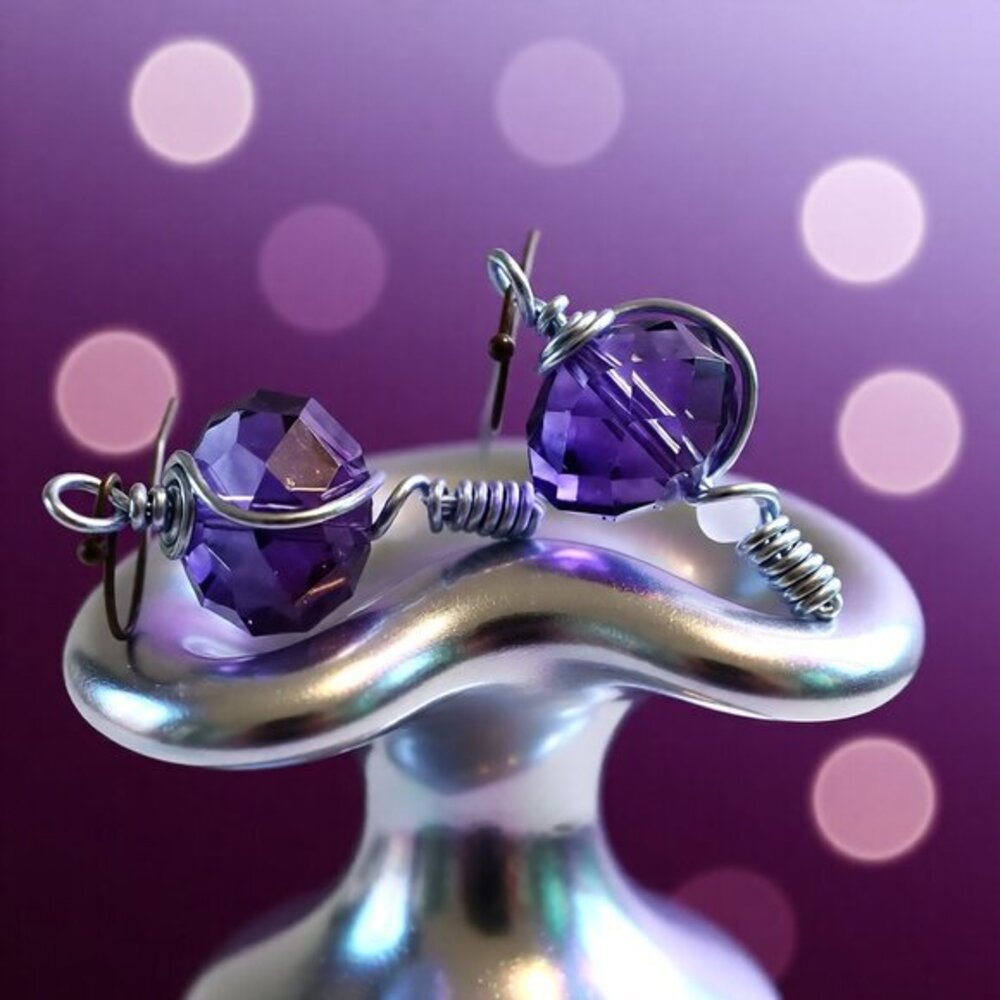 Large Purple Hued Faceted Glass Bead Earrings - Glam Bling Evening Festive